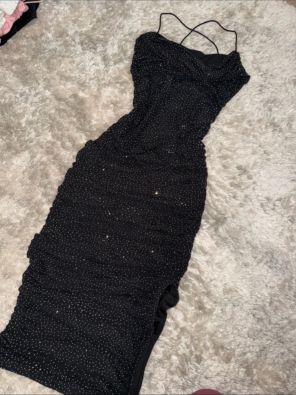 Black Sparkle Ruched Slip Dress with Thin Straps